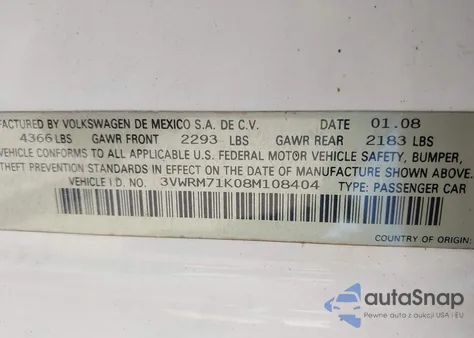 2008 Volkswagen Jetta Se from USA, damaged, VIN 3VWRM71K08M108404